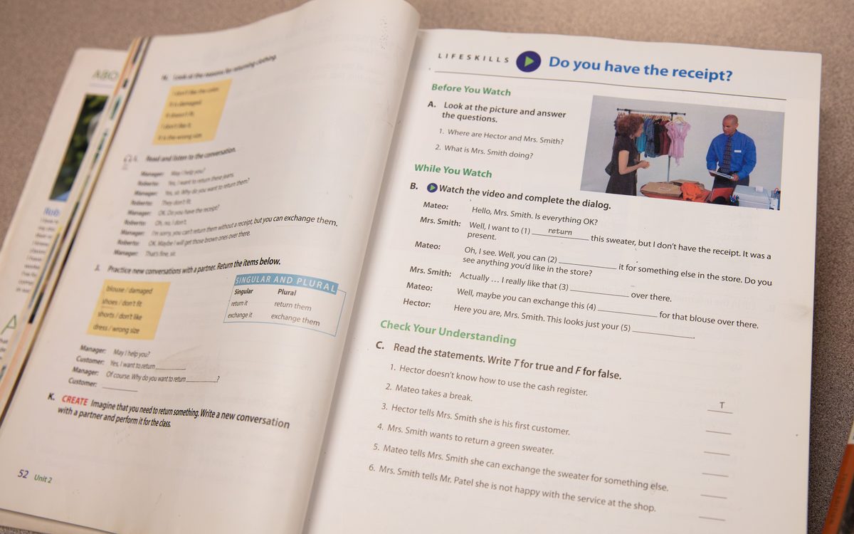 An open page of the curriculum used in class at the English Learning Center